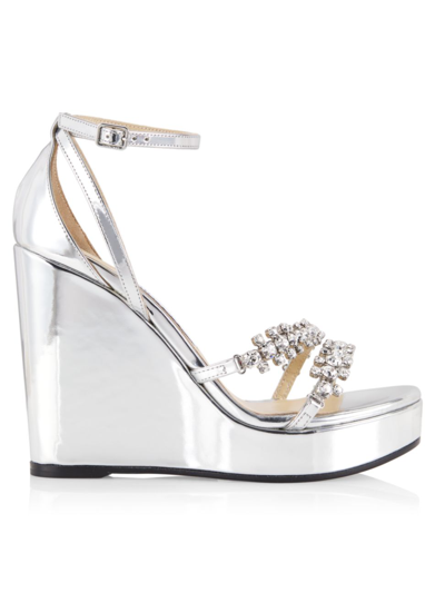 Jimmy Choo Bing Embellished Metallic Leather Ankle-strap Wedge Sandals In Silver/crystal