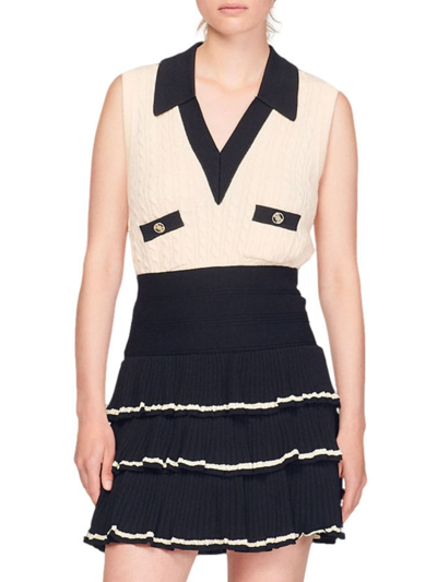 Sandro Tiered Ribbed-knit Mini Skirt In Black
