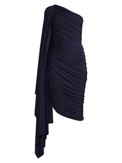 Norma Kamali Diana One-sleeve Draped Ruched Stretch-jersey Dress In Blue