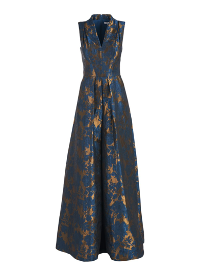 Kay Unger Floral Jacquard Walk-thru Jumpsuit In Sapphire Gold