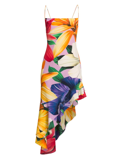 Etro Bold Floral-print Tiered Asymmetric High-low Dress In Neutral