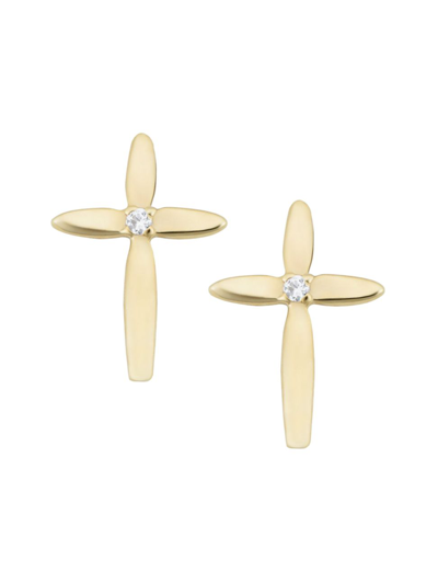 Oradina Women's 14k Yellow Gold, White Topaz Cross My Heart Studs In Yellow Gold/white Topaz