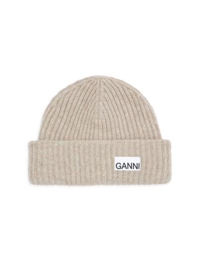 Ganni Logo-patch Ribbed-knit Beanie In Beige