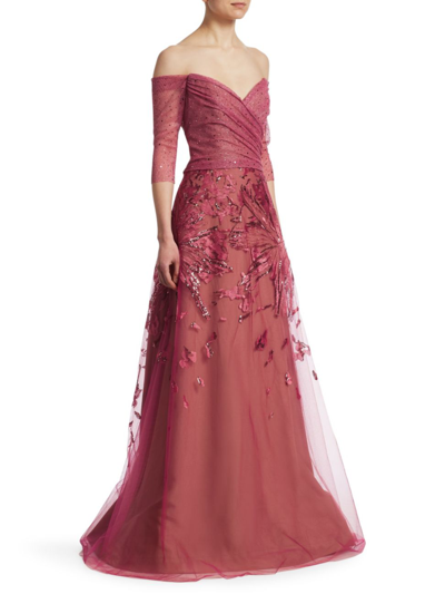 Rene Ruiz Collection Metallic Embroidered Tulle Gown In Pink