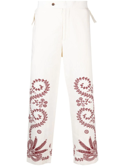 Bode Pilea Embroidered Side Tie Trousers In White