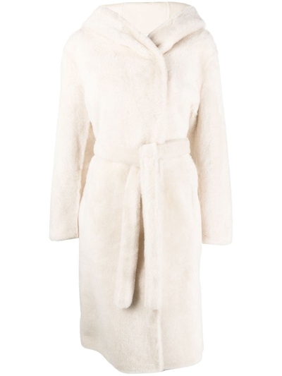 Yves Salomon Reversible Hooded Shearling Coat In Blanc