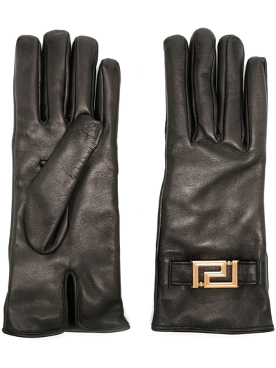 Versace Black La Greca Logo Plaque Leather Gloves