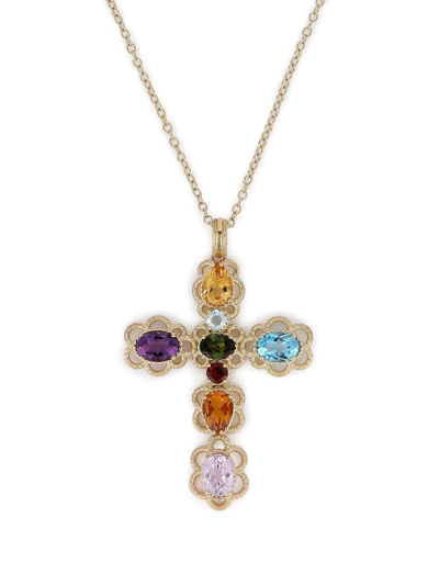 Dolce & Gabbana 18 Kt Yellow Gold Cross Pendant With Multicolor Fine Gemstones
