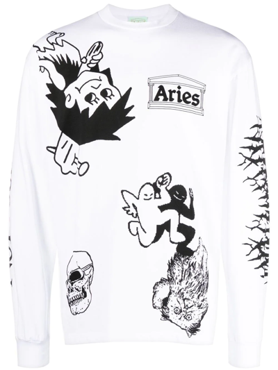 Aries White Graphic Print Long Sleeve T-shirt In White Cotton