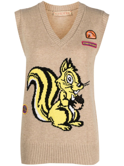 Cormio Nicole Intarsio Squirrel Superfine Wool Vest In Red