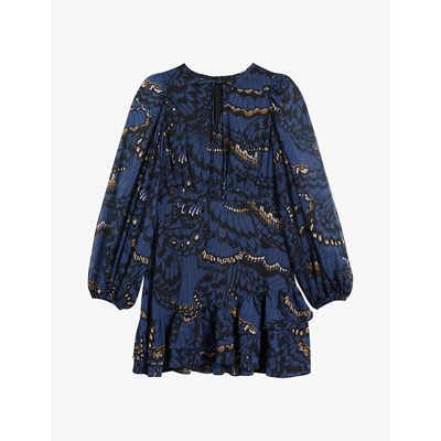 Ted Baker Pollei Butterfly-print Woven Mini Dress In Navy