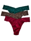 Hanky Panky 3 Pack Plus Size Signature Lace Original Rise Thongs In Printed Box In Ivy,red,cappuccino