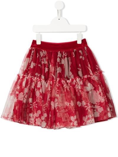 Monnalisa Kids' Floral-print Tutu Skirt In Ruby Red + Ecru