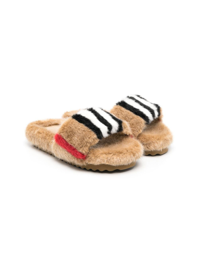 Burberry Kids' Icon Stripe Motif Slides In Brown