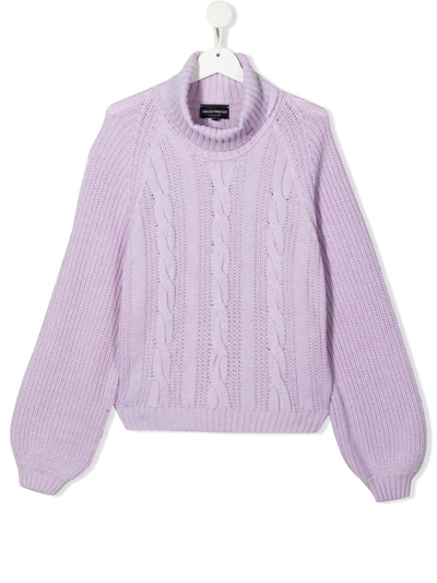 Emporio Armani Kids' Cable-knit Roll-neck Jumper In Violet