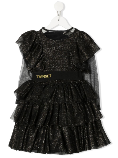 Twinset Kids' Glitter Ruffled Tulle Dress In Black