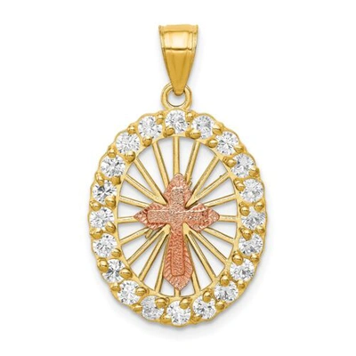 Pre-owned Accessories & Jewelry 10k Two Tone Gold Cubic Zirconia Cz Budded Cross In Oval Frame Pendant