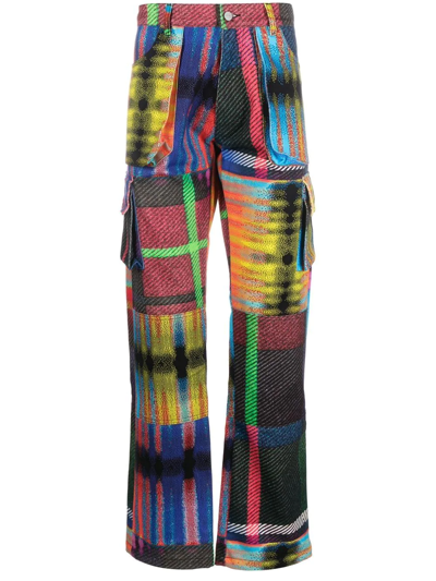 Agr Multicolour Tartan Print Denim Cargo Trousers