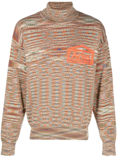 Aries Temple Logo Space Dye Cotton Blend Knit Turtleneck Jumper In Multi-colour