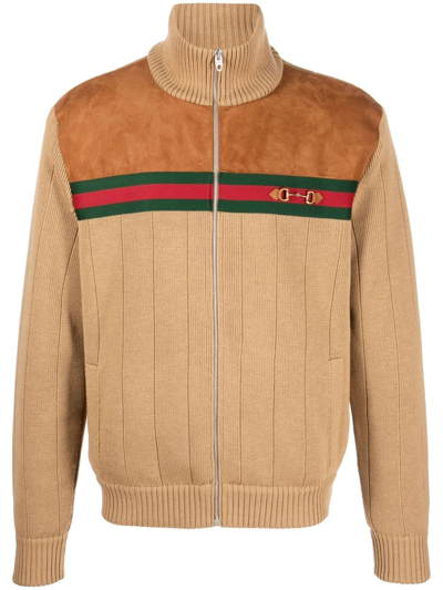 Gucci Webbing-trimmed Suede-panelled Wool Bomber Jacket In Brown