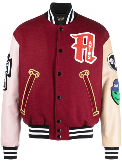 Aries Graphic Patch Embellished Leather Sleeve Varsity Jacket In Multi-colour