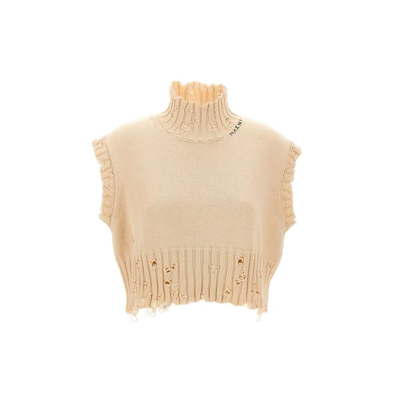 Marni Distressed Knit Sleeveless Cropped Vest In Neutro