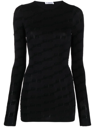 Balenciaga Allover Logo Long-sleeved Top In Black