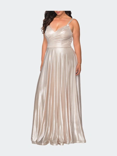La Femme Metallic Grecian Long Dress In Grey