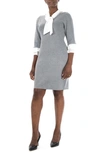Nina Leonard Georgette Woven Tie Neck Knit Dress In Light Grey/ Ivory