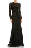 Mac Duggal Sequin Tapestry Long Sleeve Gown In Black