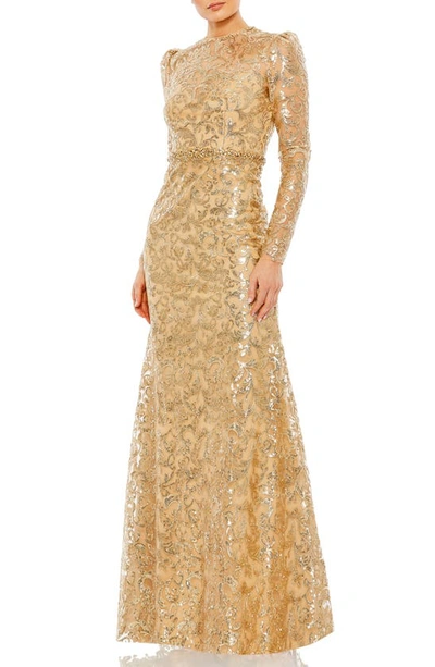 Mac Duggal Sequin Tapestry Long Sleeve Gown In Gold