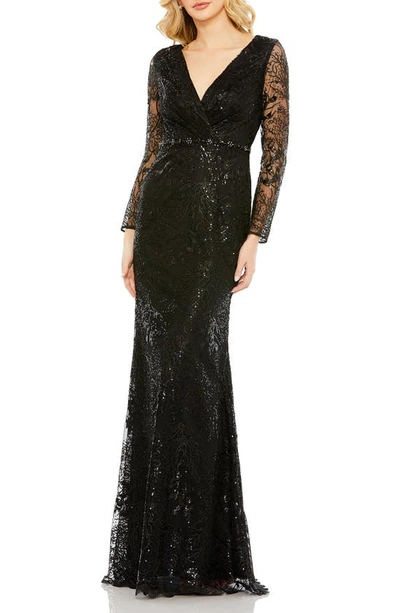 Mac Duggal Sequin Wrap Front Long Sleeve Sheath Gown In Black