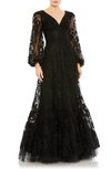 Mac Duggal V Neck Puff Sleeve A Line Embroidered Gown In Black