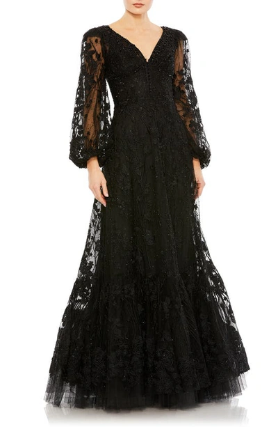 Mac Duggal Embroidered Bishop Sleeve Gown In Black