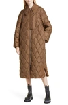 Ganni Diamond-quilted Ripstop Long Coat In Teak