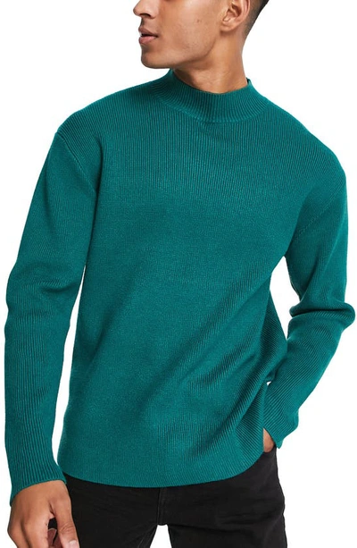 Topman Knitted Rib Sweater With Turtle Neck In Green