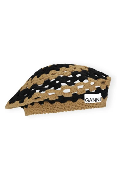 Ganni Logo-patch Recycled-wool And Recycled-polyamide Blend Crochet Beret In Petrified Oak