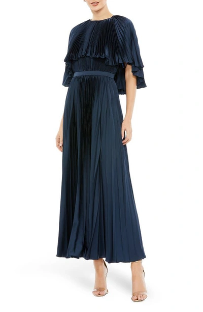 Mac Duggal Pleated Capelet A-line Cocktail Dress In Midnight