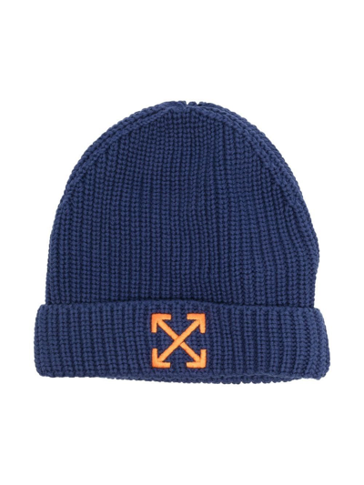 Off-white Kids' Ribbed-knit Embroidered-logo Hat In Blue