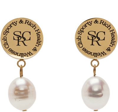 Sporty And Rich Brand-engraved Brass And Pearl Earrings In Gold