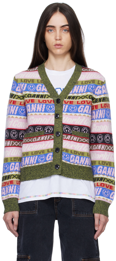 Ganni Graphic-print V-neck Recycled Wool-blend Cardigan In Green,pink,blue