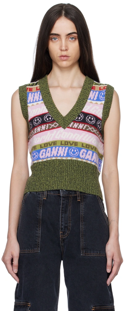 Ganni Recycled Wool-blend Jacquard Waistcoat In Green