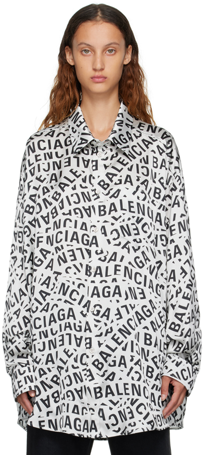 Balenciaga Woman Soft Logo Strips Blouse In Grey Technical Satin