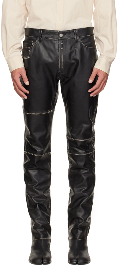 Mm6 Maison Margiela Vintage Effect Slim Cut Leather Pants In Black