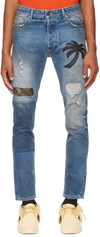 Palm Angels Curved Palm Tree Regular Denim Pants In Blue Black