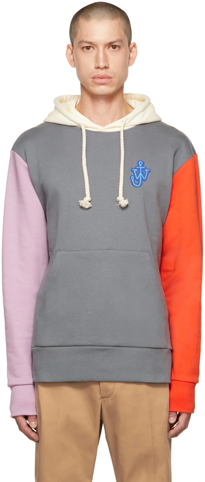 Jw Anderson Colour-blocked Logo-appliqué Cotton-jersey Hoody In Grey