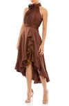 Mac Duggal Halter Neck High-low Satin Cocktail Dress In Chocolate