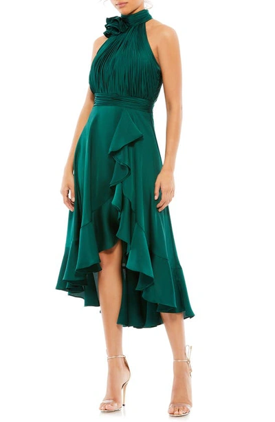 Mac Duggal Halter Neck High-low Satin Cocktail Dress In Emerald