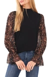 Cece Womens Printed Metallic Turtleneck Top In Rich Black