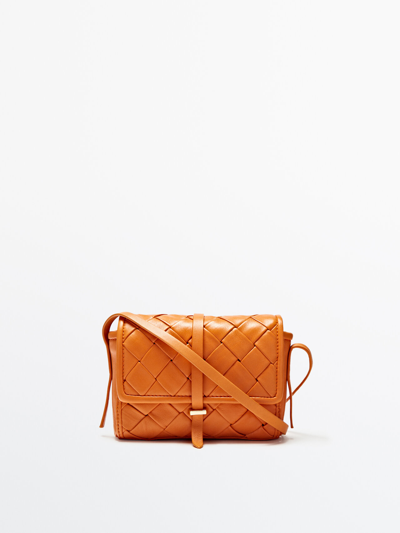 Massimo Dutti Braided Leather Crossbody Bag With Flap In Tangerine